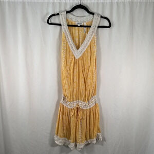 Poupette St Barth Mini Dress Women's 2 Yellow Lace Sleeveless Drawstring Vneck